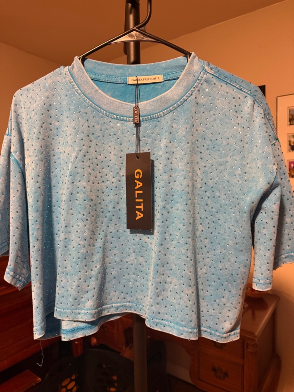 Galita Fashion Sky Blue Crystal-Stud Crop Top